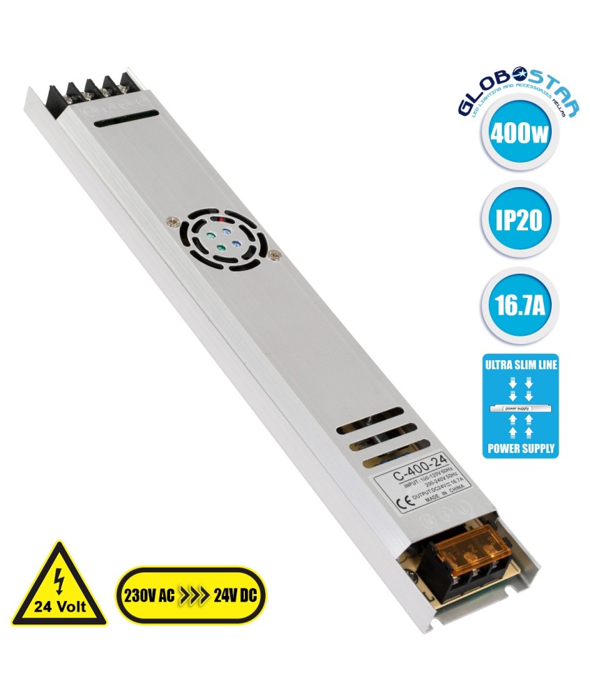 GloboStar® 73019 Μεταλλικό Τροφοδοτικό PELV Ultra Slim για Προϊόντα LED 400W 16.7A - AC 220-240V σε DC 24V - IP20 Μ31 x Π5.4 x Υ2.3cm - 3 Years Warranty